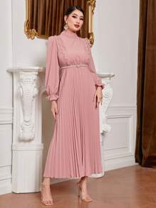 Mulvari Đầm Tương phản ren Xếp li màu trơn Thanh lịch - Hồng - Xem 5