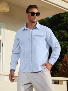 Manfinity Men Plus Contrast Plaid Trim Pocket Patched Shirt - Baby Blue - View 1