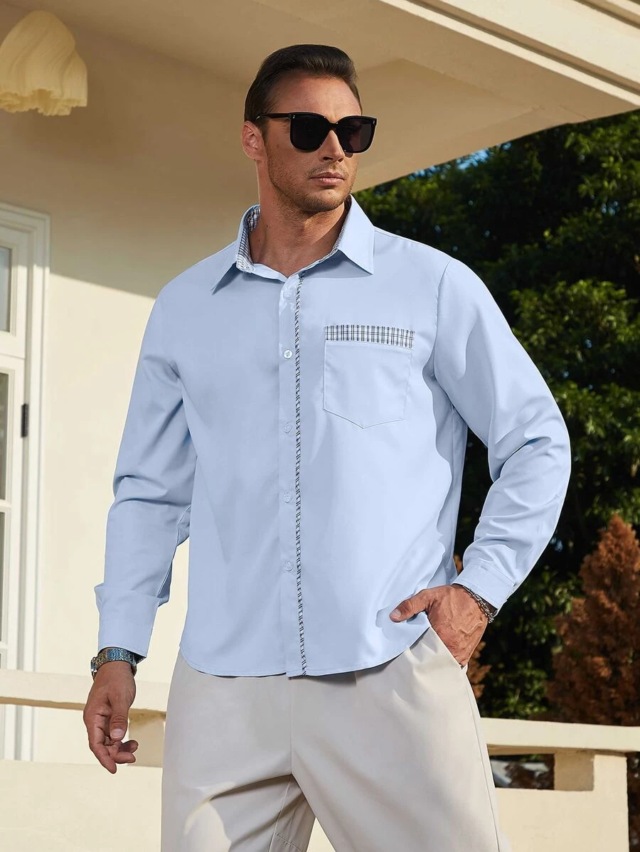 Manfinity Men Plus Contrast Plaid Trim Pocket Patched Shirt - Baby Blue - View 1