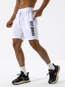 Manfinity Sport Corelite Boyfriend Style Men Slogan Graphic Drawstring Waist Split Hem Sports Shorts, White Shorts Gym Shorts - White - View 1