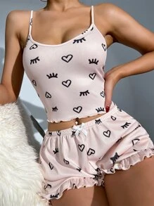 Eyelash & Heart Print Lettuce Trim PJ Set - Multicolor - View 1