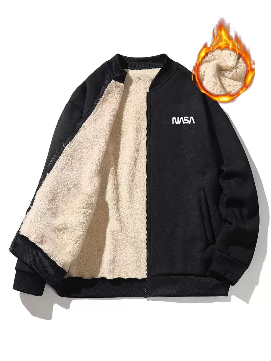 Manfinity Hypemode Men Plus Letter Graphic Teddy Lined Bomber Jacket - Black - View 1