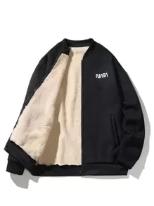 Manfinity Hypemode Men Plus Letter Graphic Teddy Lined Bomber Jacket - Black - View 4