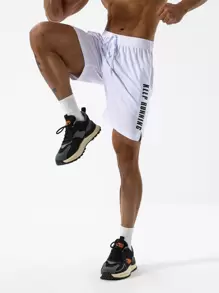 Manfinity Sport Corelite Boyfriend Style Men Slogan Graphic Drawstring Waist Split Hem Sports Shorts, White Shorts Gym Shorts - White - View 3