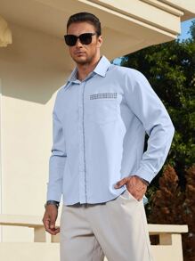 Manfinity Men Plus Contrast Plaid Trim Pocket Patched Shirt - Baby Blue - View 4