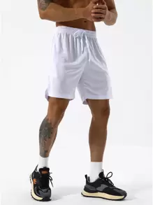 Manfinity Sport Corelite Boyfriend Style Men Slogan Graphic Drawstring Waist Split Hem Sports Shorts, White Shorts Gym Shorts - White - View 5