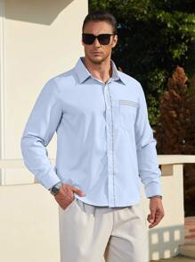 Manfinity Men Plus Contrast Plaid Trim Pocket Patched Shirt - Baby Blue - View 5