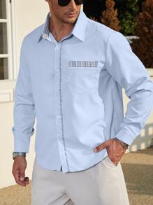 Manfinity Men Plus Contrast Plaid Trim Pocket Patched Shirt - Baby Blue - View 6