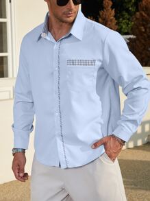 Manfinity Men Plus Contrast Plaid Trim Pocket Patched Shirt - Baby Blue - View 7