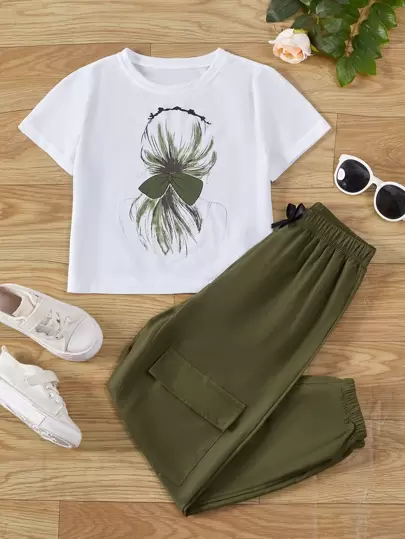 Sparklyn 青少年女孩1件人物圖形t恤配1件貨物褲