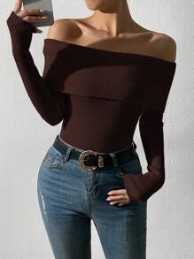 SHEIN Privé Foldover Off Shoulder Rib-knit Jumper - Chocolate Brown - View 1
