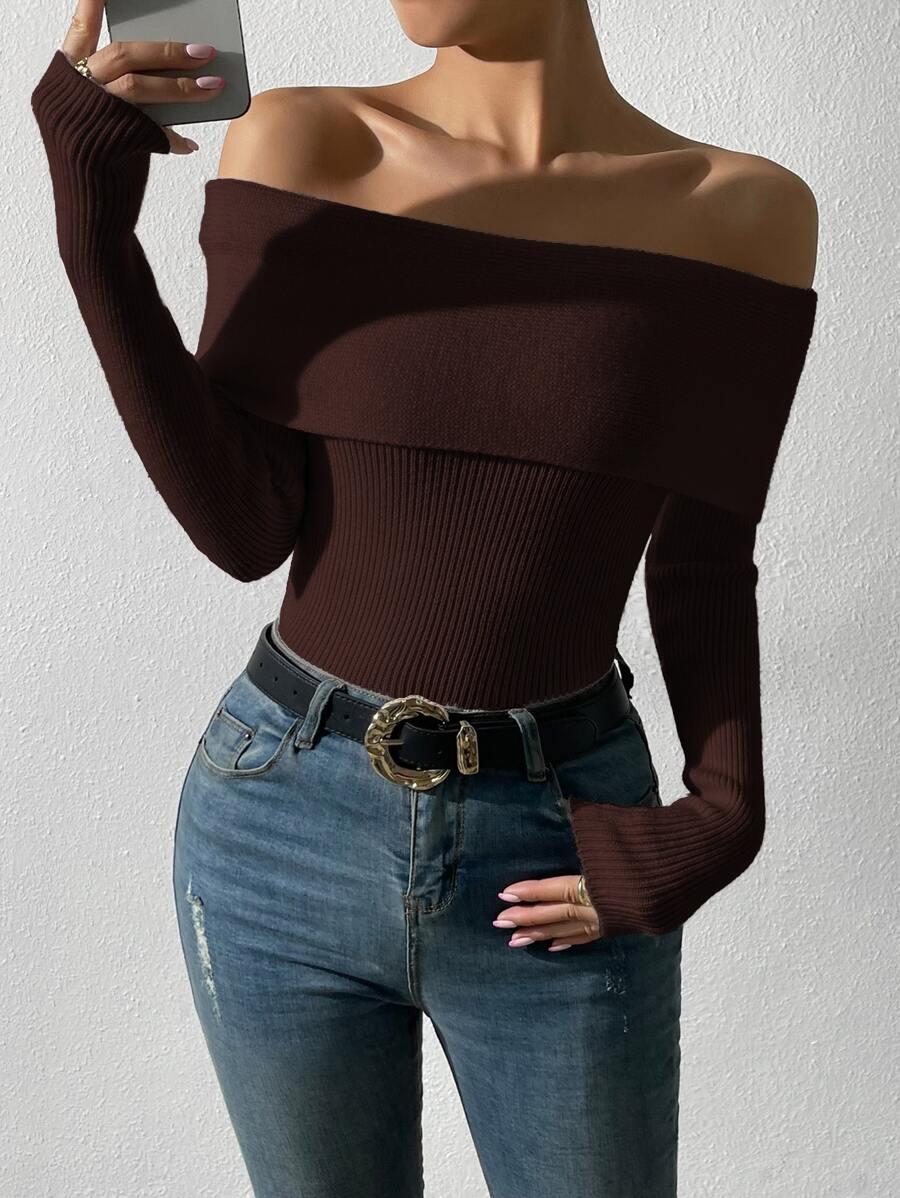 SHEIN Privé Foldover Off Shoulder Rib-knit Jumper - Chocolate Brown - View 1