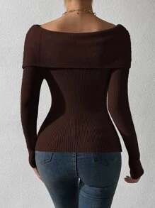 SHEIN Privé Foldover Off Shoulder Rib-knit Jumper - Chocolate Brown - View 2