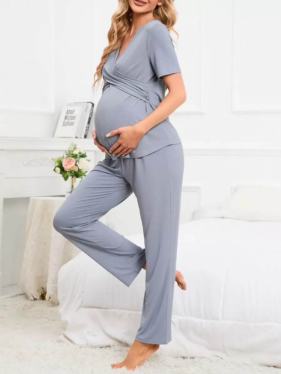 SHEIN Maternity Solid Wrap Cross Top & Trousers Lounge Set - Grey - View 1