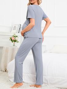 SHEIN Maternity Solid Wrap Cross Top & Trousers Lounge Set - Grey - View 2