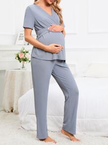SHEIN Maternity Solid Wrap Cross Top & Trousers Lounge Set - Grey - View 5