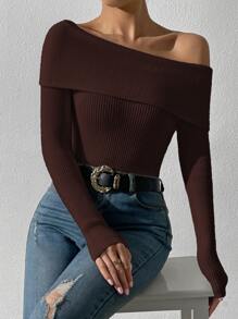 SHEIN Privé Foldover Off Shoulder Rib-knit Jumper - Chocolate Brown - View 6