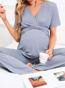 SHEIN Maternity Solid Wrap Cross Top & Trousers Lounge Set - Grey - View 6