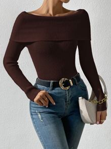 SHEIN Privé Foldover Off Shoulder Rib-knit Jumper - Chocolate Brown - View 7