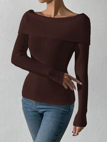SHEIN Privé Foldover Off Shoulder Rib-knit Jumper - Chocolate Brown - View 8