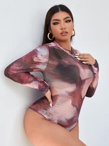 SHEIN Allurite Plus Tie Dye Mock Neck Mesh Bodysuit Without Lingerie - Multicolor - View 4