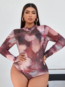 SHEIN Allurite Plus Tie Dye Mock Neck Mesh Bodysuit Without Lingerie - Multicolor - View 5