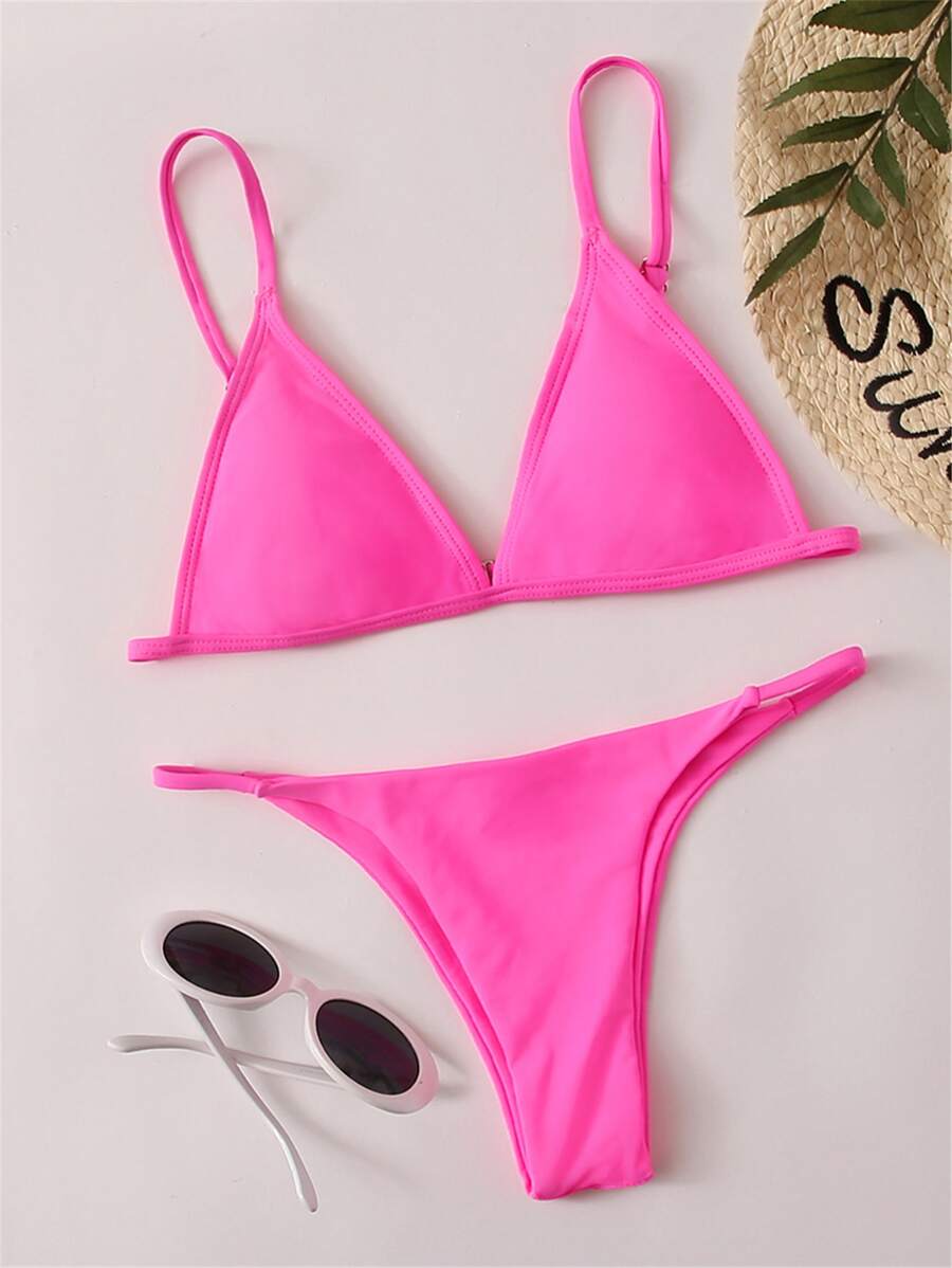 SHEIN Swim Summer Beach Triangle Thong Bikini Set - Pink - View 1