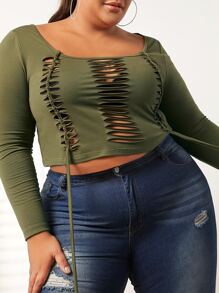 SHEIN CURVE+ Plus Ladder Cut Out Crop Tee - Army Green - View 3