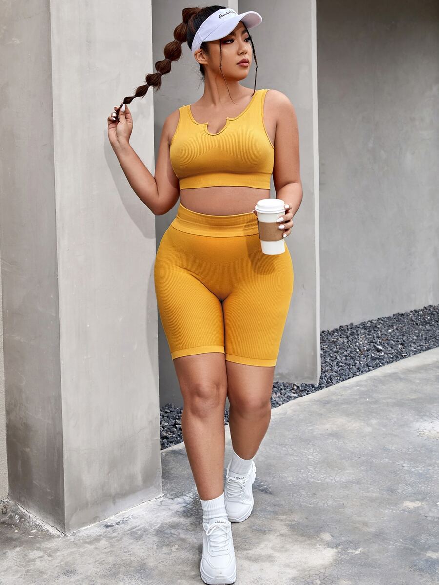 Plus Notched Neckline Sports Set - Yellow - View 1