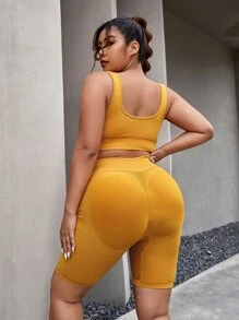 Plus Notched Neckline Sports Set - Yellow - View 2