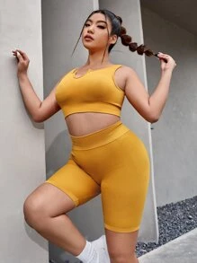 Plus Notched Neckline Sports Set - Yellow - View 3
