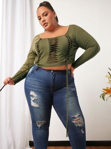SHEIN CURVE+ Plus Ladder Cut Out Crop Tee - Army Green - View 5