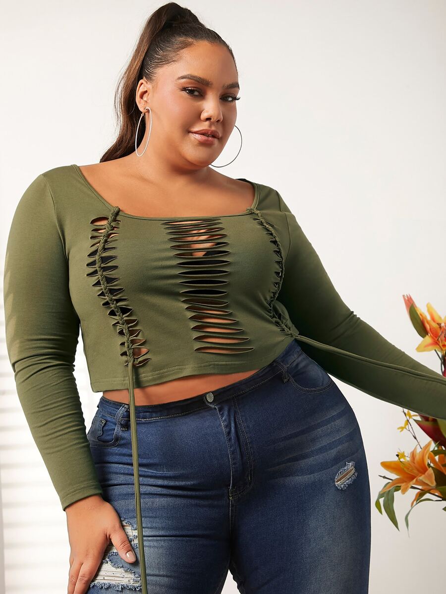 SHEIN CURVE+ Plus Ladder Cut Out Crop Tee - Army Green - View 1