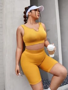 Plus Notched Neckline Sports Set - Yellow - View 5