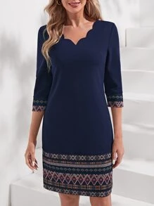 EMERY ROSE Vestido con estampado geométrico ribete en abanico - Azul Marino - Ver 1