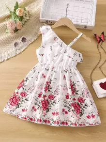 Toddler Girls Floral Print Asymmetrical Neck Ruffle Trim Dress - White - View 1