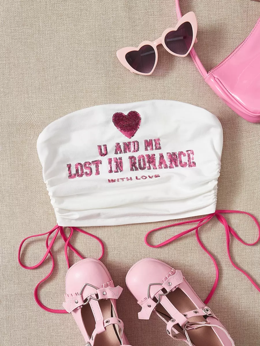 SHEIN EZwear Slogan Graphic Drawstring Side Tube Top U AND ME LOST IN ROMANCE WITH LOVE