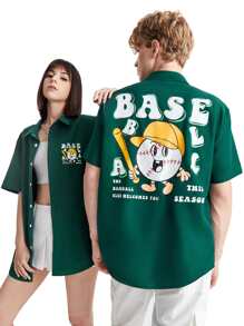 Manfinity 1入組卡通和標語圖案襯衫