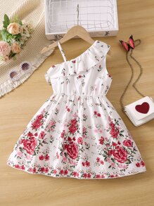 Toddler Girls Floral Print Asymmetrical Neck Ruffle Trim Dress - White - View 2