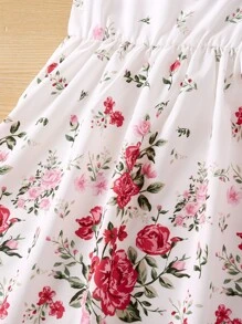 Toddler Girls Floral Print Asymmetrical Neck Ruffle Trim Dress - White - View 3