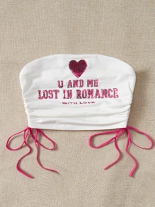SHEIN EZwear Slogan Graphic Drawstring Side Tube Top U AND ME LOST IN ROMANCE WITH LOVE - White - View 4