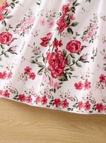 Toddler Girls Floral Print Asymmetrical Neck Ruffle Trim Dress - White - View 4