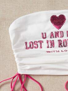 SHEIN EZwear Slogan Graphic Drawstring Side Tube Top U AND ME LOST IN ROMANCE WITH LOVE - White - View 6