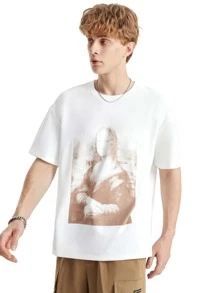 Manfinity 1入組人像圖案T恤 - 白色 - 查看 7