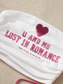 SHEIN EZwear Slogan Graphic Drawstring Side Tube Top U AND ME LOST IN ROMANCE WITH LOVE - White - View 7