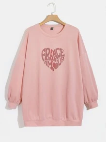 SHEIN Qutie Sudadera con diamante de imitación con corazón & con patrón de letra de hombros caídos - Rosa Pálido - Ver 1