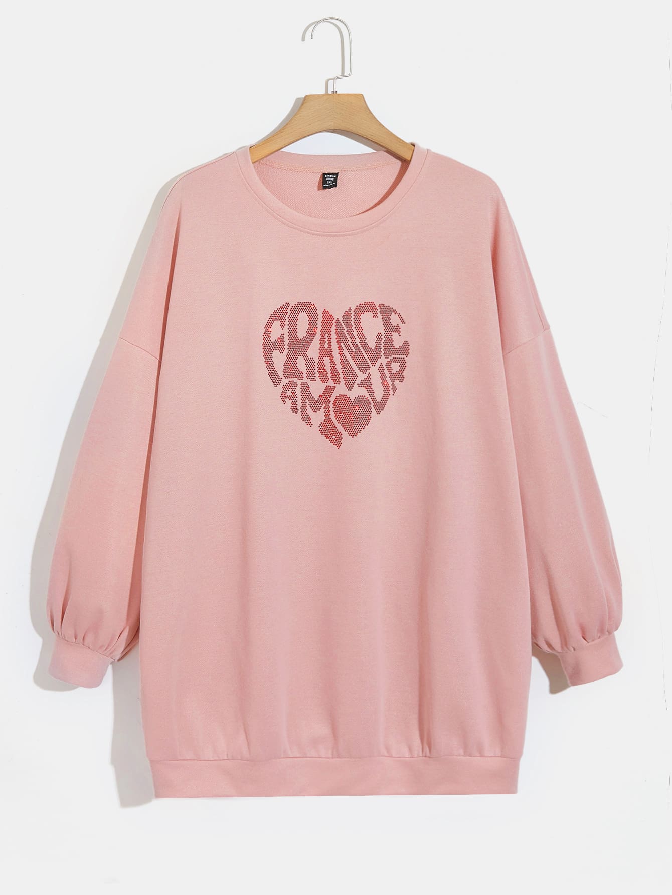 SHEIN Qutie Sudadera con diamante de imitación con corazón & con patrón de letra de hombros caídos - Rosa Pálido - Ver 1