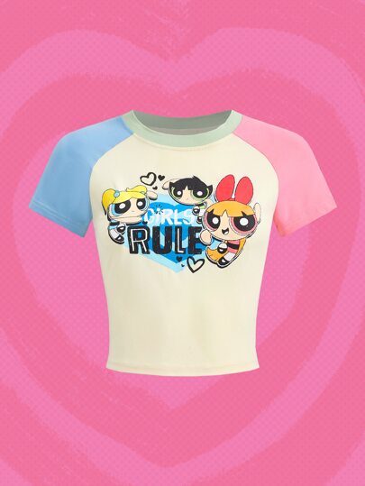 The Powerpuff Girls | ROMWE تي شيرت قصير حرف صور رسوم كارتون ألوان متباينة