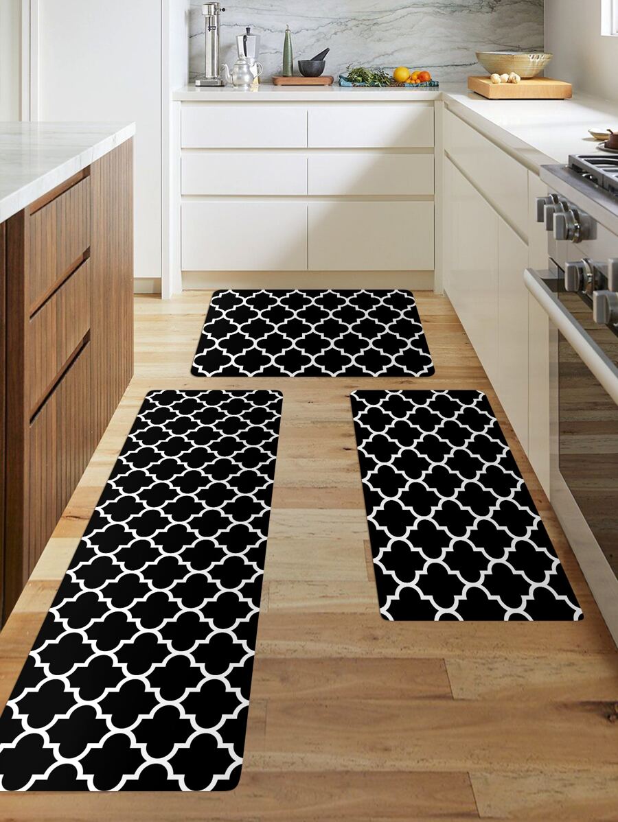 1pc Geometric Pattern Kitchen Rug - Black - View 1