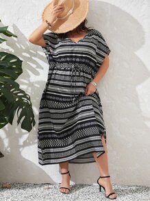 EMERY ROSE Plus Geo Print Batwing Sleeve Knot Front Dress - Black and White - View 2